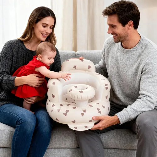 Vista 9 de Arscniek Asiento para bebé inflable con bomba de aire incorporada, silla para bebé hinchable con soporte de espalda y bandeja, asiento para sentarse