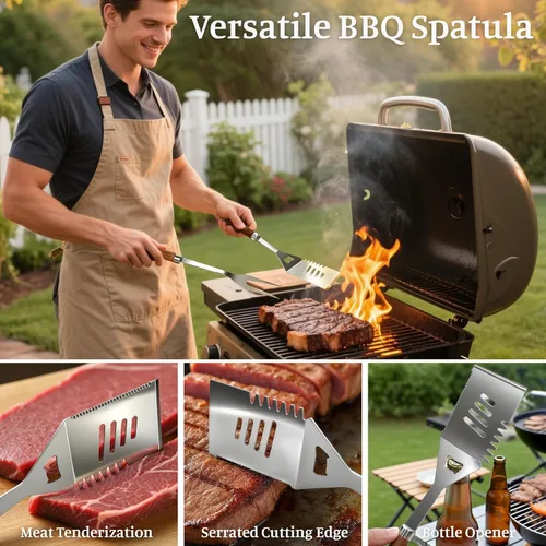 Vista 3 de Accesorios para parrilla de barbacoa, juego de parrilla de acero inoxidable con bolsa de almacenamiento, espátula, tenedor, cepillo de limpieza