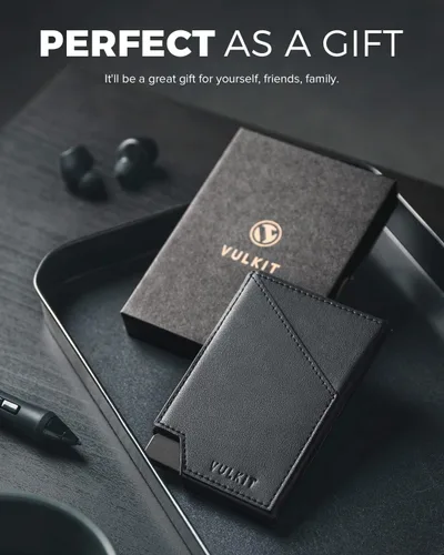 Vista 7 de VULKIT Cartera de tarjetas desplegable con bloqueo RFID, funda delgada de aluminio para tarjetas bancarias con bolsillo para dinero de negocios