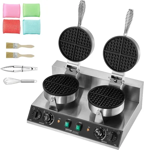 Vista 9 de VEVOR Gofrera Comercial, Máquina de Gofres de Doble Cabezal Redonda, Gofrera Belga de Acero Inoxidable Antiadherente de 2460W con Control