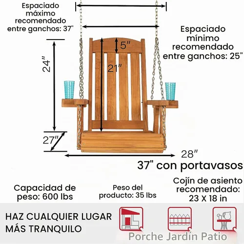 Vista 6 de Amish Casual Silla columpio con tratamiento a presión de misión resistente con portavasos (mancha de cedro)