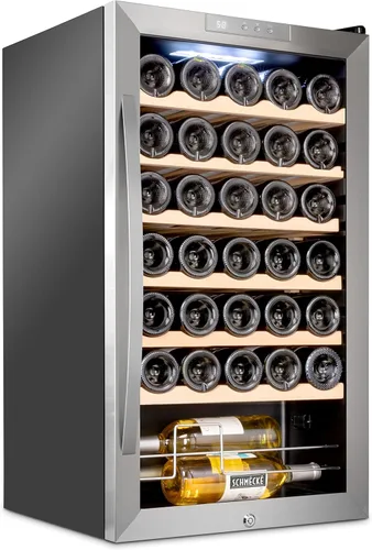 Vista 17 de Schmecke - Refrigerador de vino con compresor de 12 botellas con cerradura Gran bodega independiente Refrigerador de vino digital 41f-64f