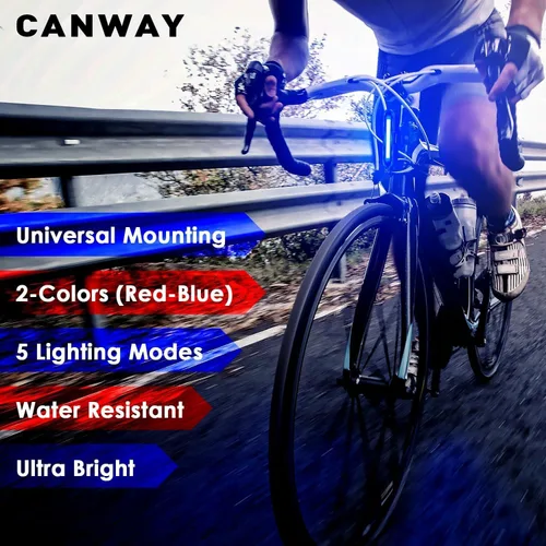 Vista 7 de Canway Luz Trasera de Bicicleta Roja/Azul, Luz Trasera de Bicicleta Recargable 168 Lúmenes Luz Trasera de Bicicleta Batería USB C 500mAh 5 Modos