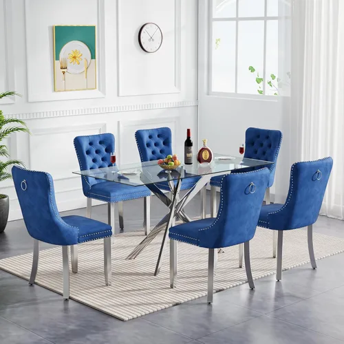 Vista 34 de SSLine Moderno juego de mesa de comedor de cristal dorado de 5 piezas para 4 mesas de cocina y sillas rectangulares de lujo de vidrio para 4, mesa