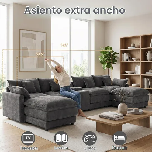 Vista 5 de Sofá modular de gran tamaño de 145 pulgadas, sofá de nube en forma de U, moderno juego de sofá de 6 asientos para sala de estar, cómodo asiento Gris