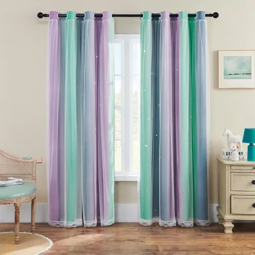 Vista 66 de XiDi Cortinas rosas y grises para dormitorio de niñas, calcomanías de pared de unicornio, cortina verde, cortinas de oscurecimiento de habitación