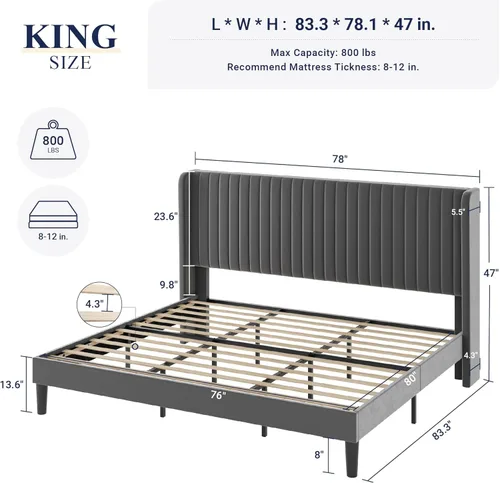 Vista 66 de Allewie Marco de cama de terciopelo tamaño Queen, cabecera capitonada con canal vertical, plataforma tapizada, listones de madera fuertes,