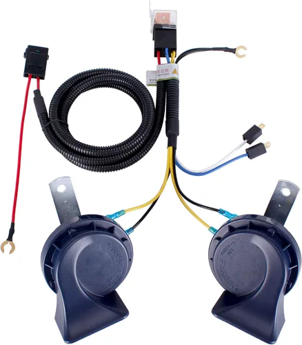 Vista 9 de FARBIN Kit de bocina de aire eléctrica de 12 V para camión, coche, SUV, motocicleta, barco - Bocina negra con arnés de cables