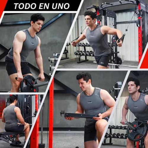 Vista 7 de pooboo Multi-Functional Machine Power Cage, 2000LB Squat Rack, LAT-Pull Down System, Dual Pulley Cable Crossover System, Home Gym Workout Machine