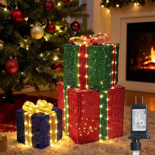 Vista 9 de Juego de 3 cajas de regalo iluminadas de Navidad, cajas de Navidad preiluminadas para exteriores con diferentes tamaños para decoración