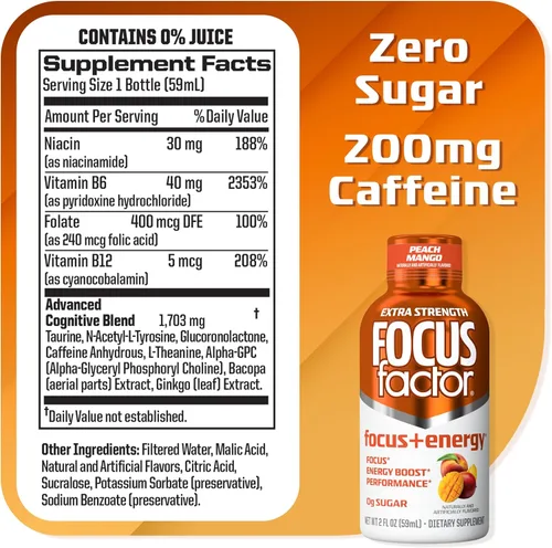 Vista 2 de Focus Factor Enfoque extra fuerte + inyecciones energéticas – 12 botellas de 2 onzas (sabor a mango y melocotón) – Alimentado por nootrópicos