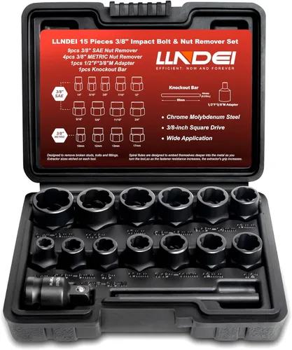 Vista 9 de LLNDEI Kit extractor de pernos, 15 piezas de extracción de tuercas peladas fáciles de sacar con accionamiento de 3/8 pulgadas, acero CR-MO
