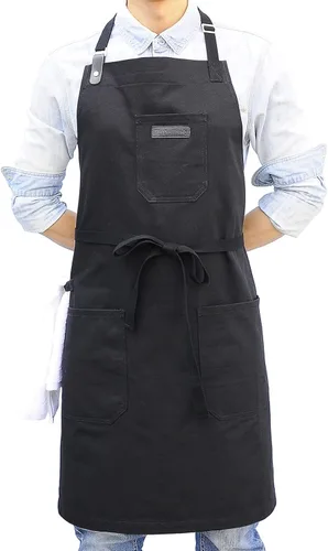 Delantal de cocina de algodón negro, para hombre y mujer, delantal de cocina profesional para chef, parrilla, barbacoa, con bolsillos, toalla y