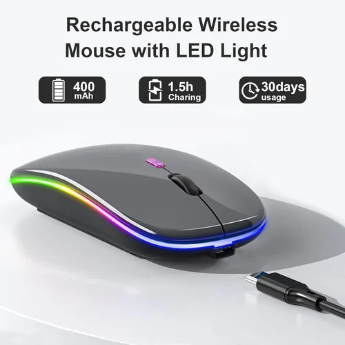 Vista 2 de Ratón inalámbrico LED, mouse Bluetooth recargable, mouse portátil delgado con receptor USB, conexión de modo dual BT5.4 y 2.4G, silencioso