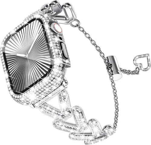 Vista 16 de WINGLE Compatible con correa y funda dorada de Apple Watch de 1.772 pulgadas Series 9, 8, 7 para mujer, correa de metal con diamantes de imitación