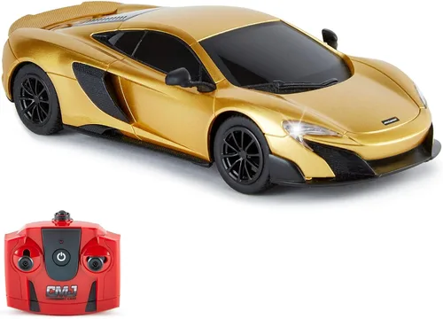 CMJ RC Cars: McLaren 675LT - Oro - Escala 1:24, vehículo de radio con control remoto, 2.4 Ghz, faros LED, juguete de carreras para interiores y