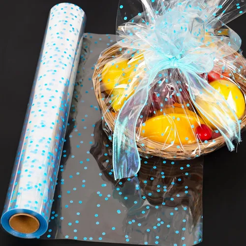 Vista 5 de CMFYHM Rollo de celofán transparente (34 pulgadas x 100 pies) de celofán de lunares azules, rollo de celofán transparente para golosinas, regalos