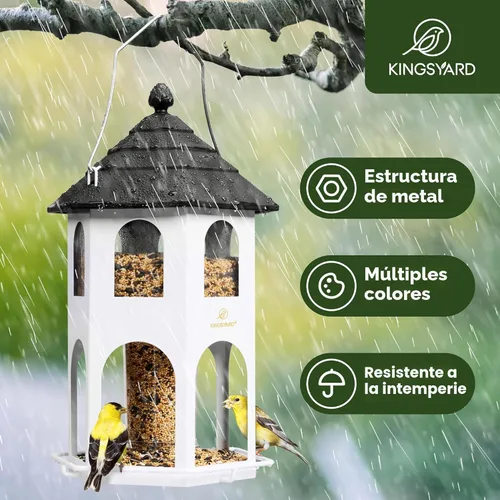 Vista 2 de Comedero de metal para pájaros al aire libre de Kingsyard, comederos para pájaros silvestres con posadera circular, fácil de limpiar y rellenar