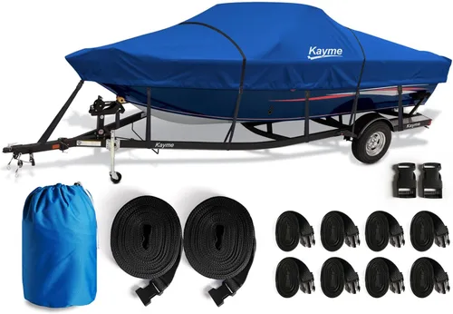 Vista 11 de Kayme Funda de lancha 1200D resistente para embarcaciones de hasta 15 pies - Impermeable, resistente a rasgaduras con correas reforzadas a prueba
