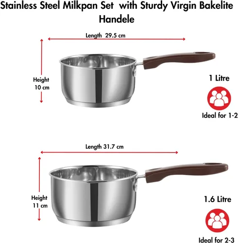 Vista 8 de Vinod Juego de cacerola/cacerola de acero inoxidable de 2-1 litro y 1.6 litros, sartén para té/chai, mango de baquelita resistente remachado, base