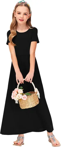 Vista 5 de Deerose Vestido largo casual de manga corta para niñas, con bolsillos, de 5 a 14 años