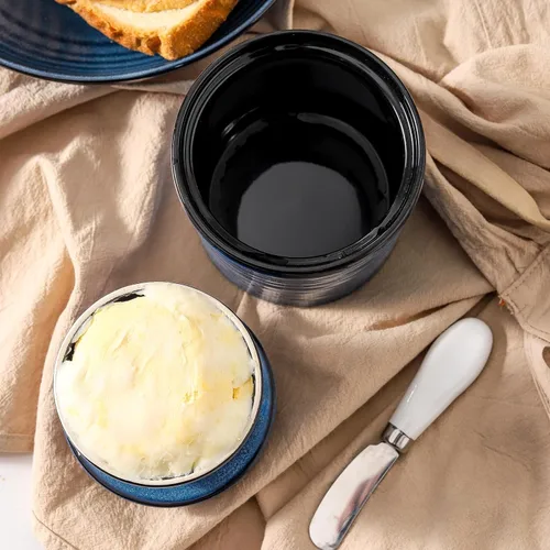 Vista 6 de HASENSE Vajilla de mantequilla de cerámica con tapa, plato de mantequilla para encimera con línea de agua, contenedor francés de mantequilla