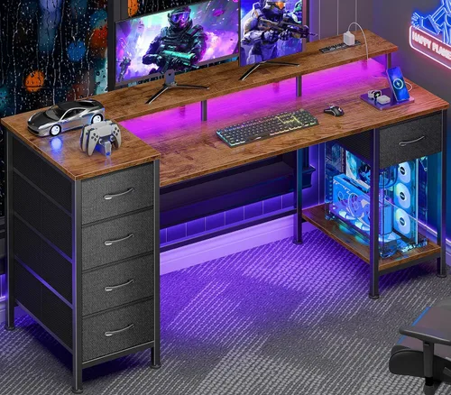 Vista 14 de Escritorio para computadora de 47 pulgadas con 5 cajones de almacenamiento de tela, escritorio para juegos con tomas de corriente y luces LED