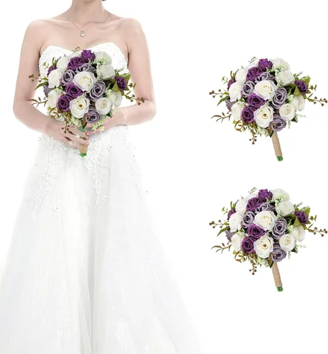 Vista 30 de Ramos para dama de honor para boda - Ramo de flores artificiales de 7 pulgadas para fiesta, ceremonia, aniversario, centros de mesa para mesa de Azul