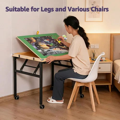 Vista 9 de Mesa de rompecabezas inclinable con cajones de 1500 piezas, 3 ángulos ajustables, sin montaje y diseño plegable, patas de metal y cubierta
