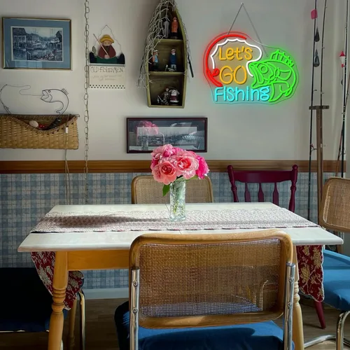 Vista 8 de Lucunstar Letrero de neón "Vamos a Pescar" Luz de neón de pez regulable para decoración de pared LED alimentado por USB Luces de anzuelo de pesca IR