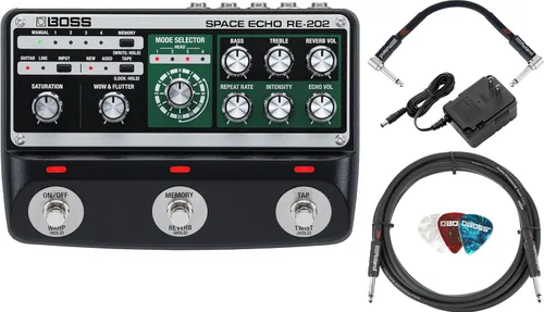 Vista 7 de Boss RE-2 Space Echo Delay and Reverb Effects Bundle con cable de instrumento Gearlux, cable de conexión y púas