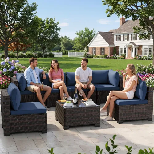 Vista 16 de LEVELEVE Juego de 7 muebles de patio al aire libre, juego seccional de conversación de ratán, sofá de mimbre de tejido manual con mesa de té