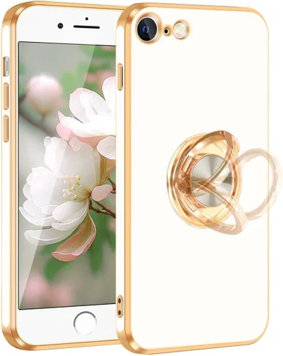 Vista 9 de Fingic Funda para iPhone SE 2022, iPhone SE 2020 [con soporte de anillo de 360°] [soporte magnético giratorio] [chapado en oro brillante] Funda