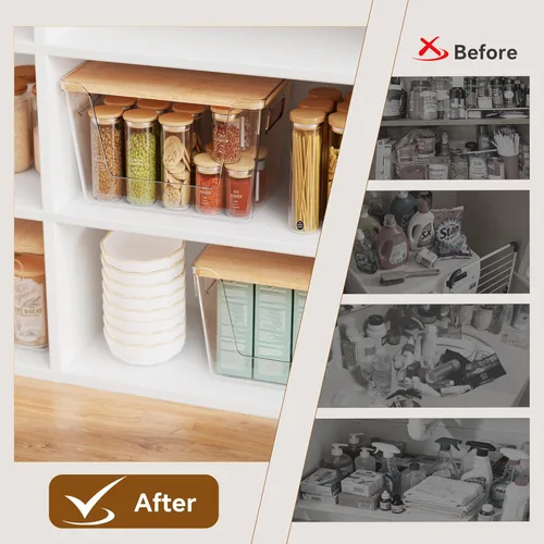 Vista 7 de Criusia 2 organizadores grandes y 2 pequeños de despensa y almacenamiento con tapas de bambú, contenedores transparentes apilables para cebolla