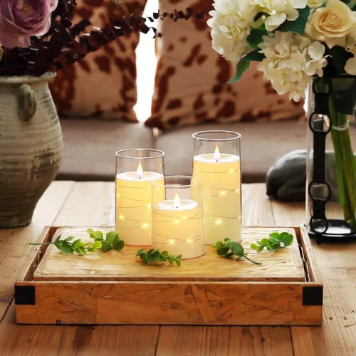 Vista 7 de Homemory Velas parpadeantes sin llama con tira de luces, velas que funcionan con pilas, luces LED de cadena integradas, vela de plexiglás irrompible