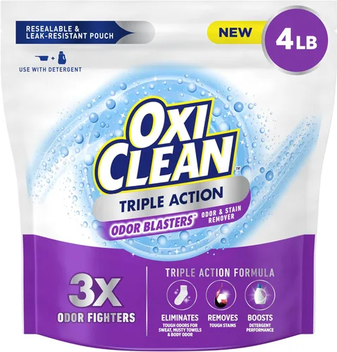 OxiClean Polvo removedor de olores y manchas de triple acción, uso con detergente, elimina olores difíciles y elimina manchas, color seguro y sin