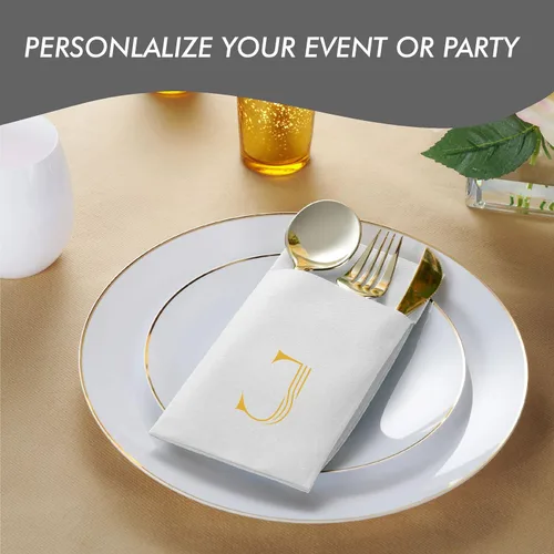 Vista 2 de Paquete de 50 servilletas con monograma con bolsillo para cubiertos, 16 x 16 pulgadas, servilletas desechables de lino con letra B, servilletas