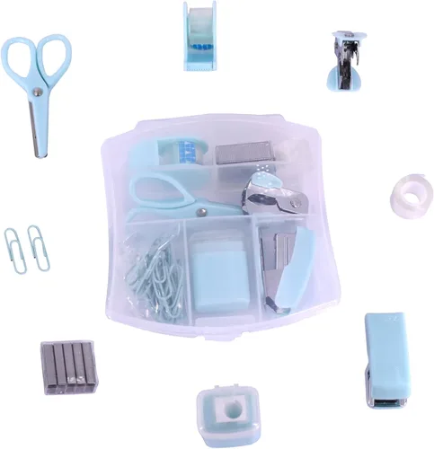 Kits Mini de Suministros Escolares y de Oficina, Incluye Mini Grapadora, Tijeras, Quitagrapas, Grapas, Dispensador de Cinta (Azul)
