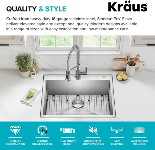 Vista 3 de KRAUS Standart PRO KHT300-28 - Fregadero de cocina de acero inoxidable de 28 pulgadas, calibre 16, cuenco individual de 2 agujeros, de acero