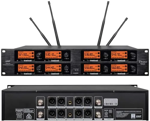 Vista 2 de Sistema de Micrófono Inalámbrico Pro Audio 8 Canales UHF 8 Bodypacks Lavalier 8 Micrófonos de Solapa 8 Auriculares para Sistema de Karaoke