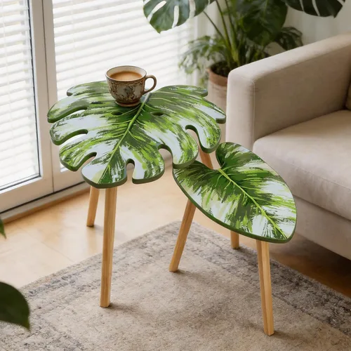 BAMEOS Monstera - Juego de 2 mesas auxiliares pequeñas con patrón de venas de hojas, modernas mesas auxiliares de madera para sala de estar,