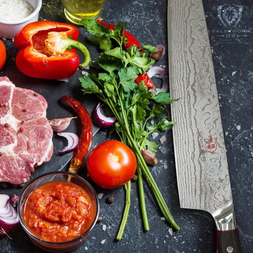 Vista 5 de Dalstrong Cuchillo de Chef - Hoja de 12 pulgadas de largo - Serie Shogun ELITE - Damasco - Cuchillo de cocina japonés AUS-10V Super Steel - Mango