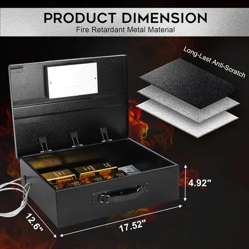 Vista 2 de Dalmbox Caja de seguridad portátil de metal con bloqueo de código digital, almacenamiento resistente al fuego para documentos, caja de seguridad