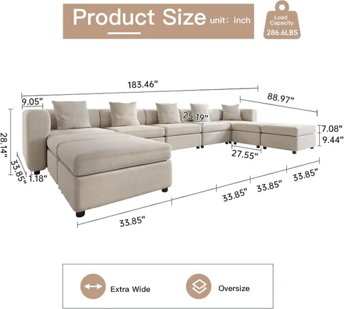 Vista 33 de Guyii Sofá modular de terciopelo, moderno sofá de 4 plazas de gran tamaño con 3 almohadas y reposapiés de almacenamiento, sofá convertible de 115.74