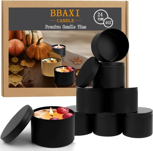 Vista 11 de BBAXI Latas de velas blancas de 4 onzas, 24 piezas, lata de vela vacía negra con tapas para hacer velas caseras, frascos de velas blancas mate