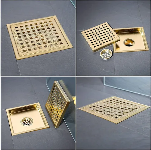 Vista 34 de RANDOM Drenaje de ducha redondo SUS304 de acero inoxidable dorado cepillado Drenaje de ducha de 4 pulgadas con brida de base de PVC ajustable