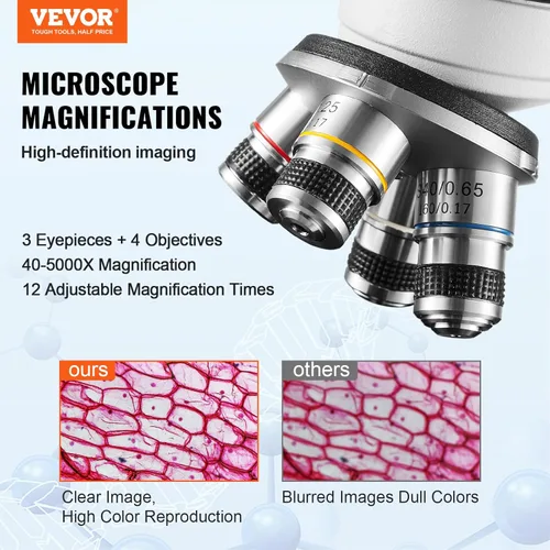 Vista 2 de VEVOR Microscopio trinocular compuesto, microscopio de laboratorio compuesto trinocular de aumento 40X-5000X con etapa mecánica de dos capas