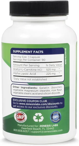 Vista 3 de Zenesis Labs Acetil L-Carnitina con Ácido Alfa Lipoico - 90 Cápsulas