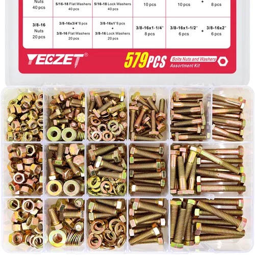 Vista 8 de YEEZET Kit de 236 arandelas de pernos y tuercas resistentes de grado 8, 1/4-20 5/16-18 3/8-16, tornillos hexagonales, tuercas, kit surtido, incluye