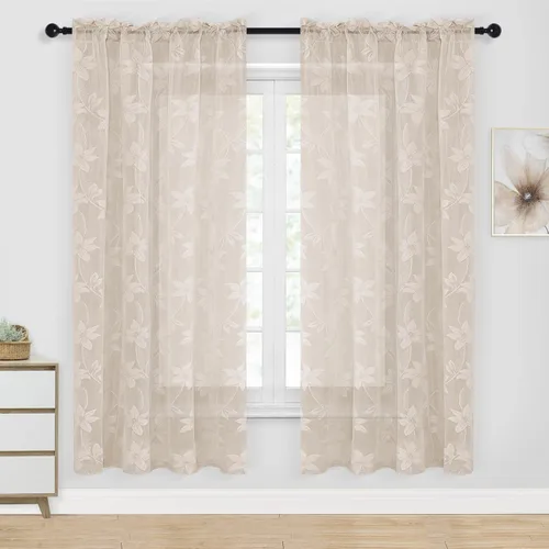 Vista 29 de DWCN Cortinas traslúcidas para cocina, bolsillo para barra de encaje floral beige, 52 x 36 pulgadas, 2 paneles Encaje Beige